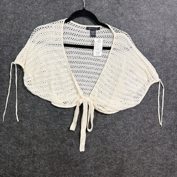 Heart Moon Star Open Knit Shrug Bolero - Size L - Cream White Tie-Front Boho - Picture 4 of 5